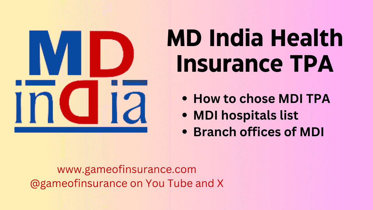 MD India Health Insurance TPA logo with text listing services and social media handle.