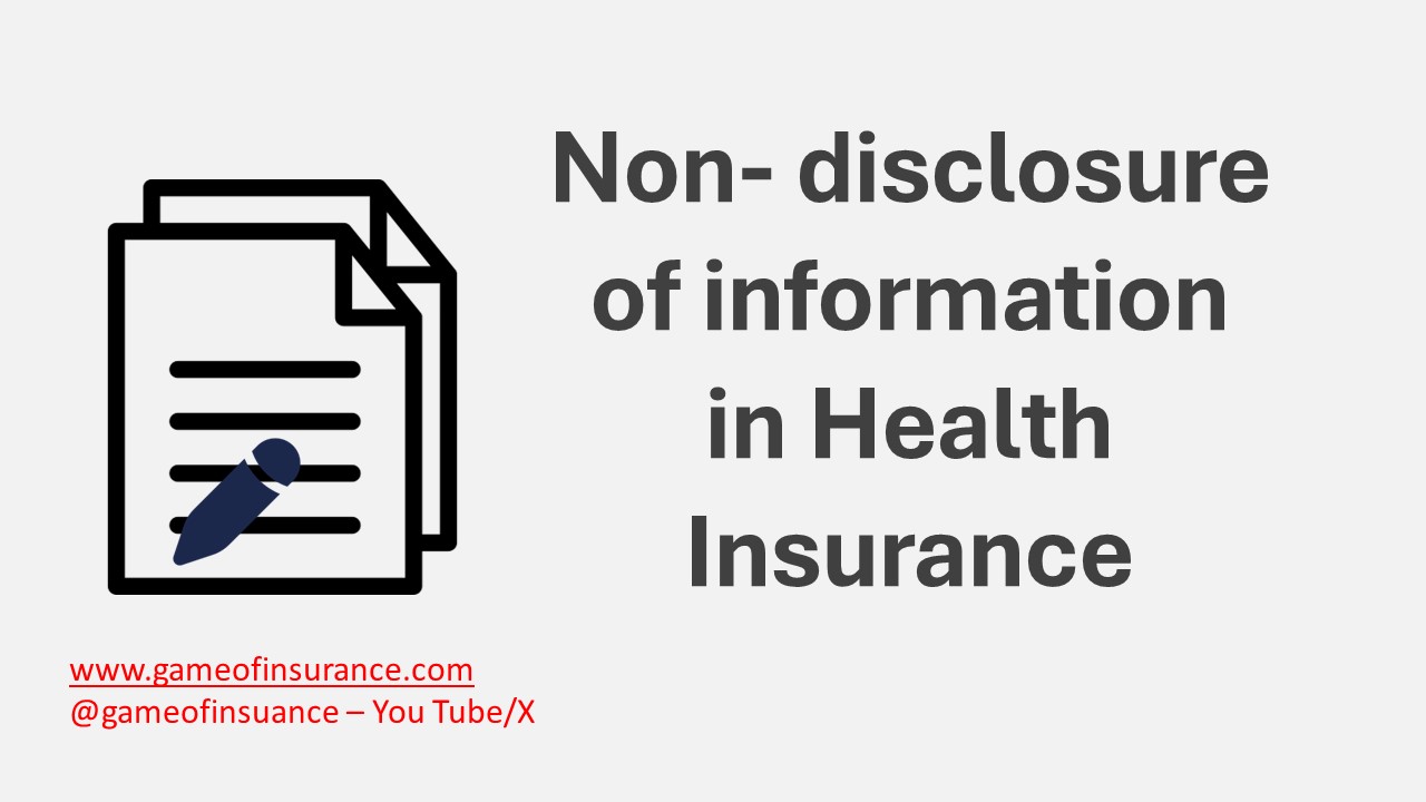 An icon of a document with a pen next to the text "Non-disclosure of information in Health Insurance," along with a website and social media details for "gameofinsurance.com."