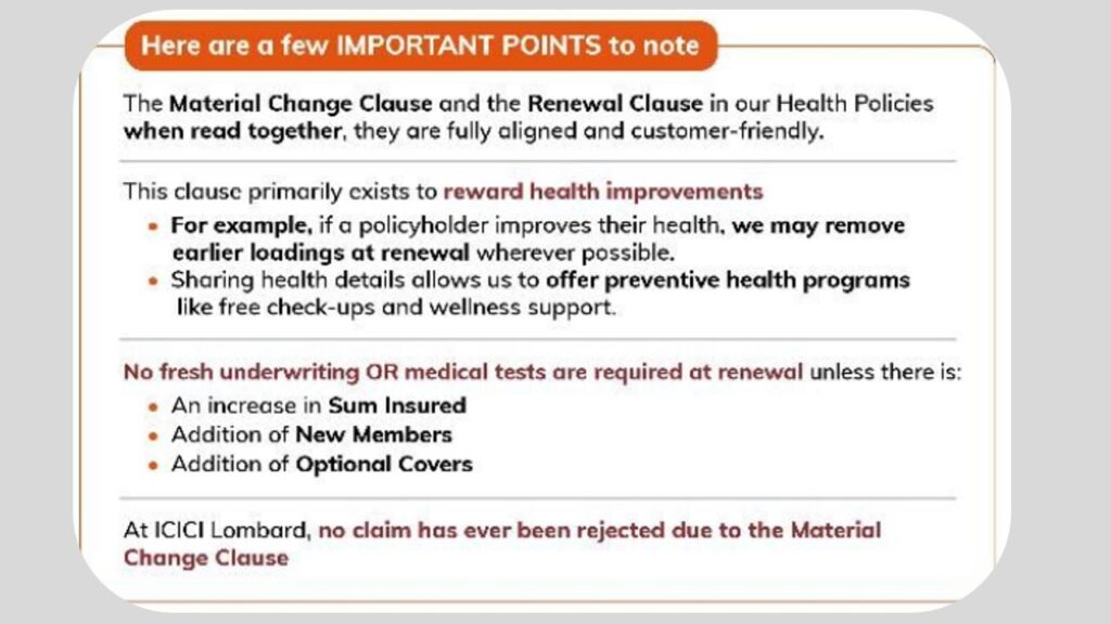 Infographic explaining ICICI Lombard’s material change clause, renewal clause, and conditions requiring underwriting at renewal.