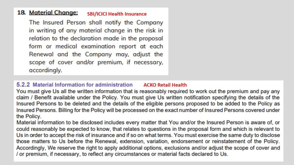 Comparison image showing “Material Change” clause from SBI/ICICI Health Insurance and “Material Information for Administration” clause from ACKO Retail Health Insurance, highlighting differences in renewal disclosure requirements.